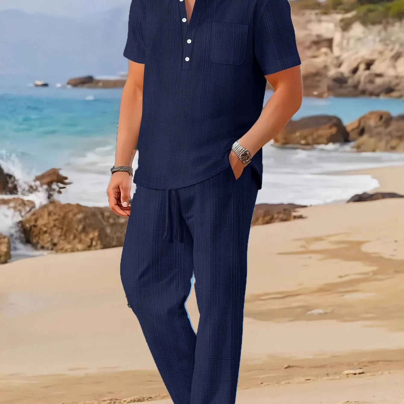 Men’s Beach Outfit Set – Short Sleeve Top and Relaxed Trousers