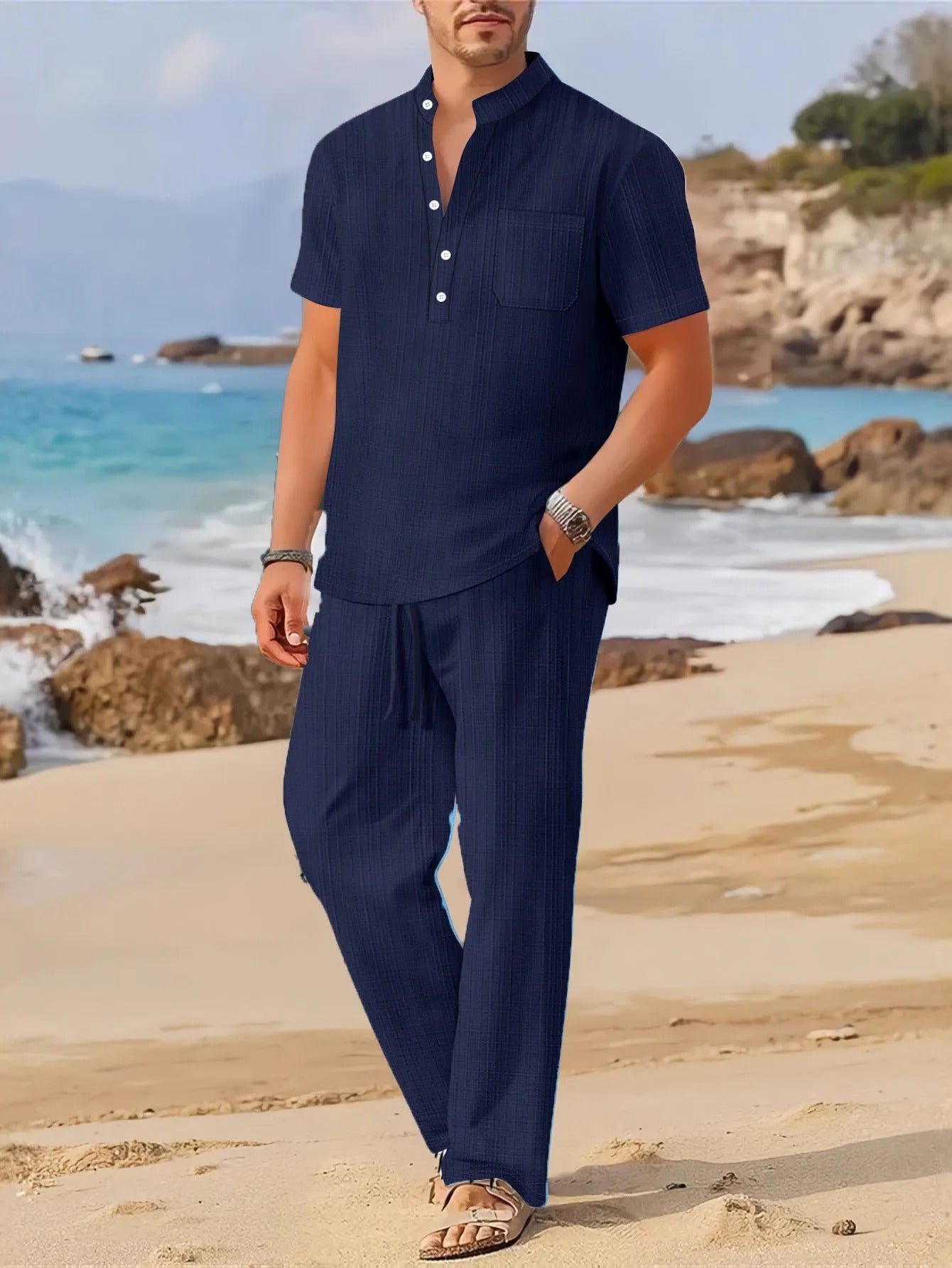 Men’s Beach Outfit Set – Short Sleeve Top and Relaxed Trousers