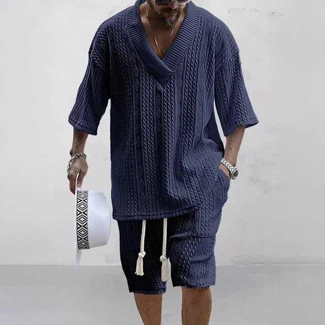 Men’s Knitted Set – V Neck Oversized Top with Shorts