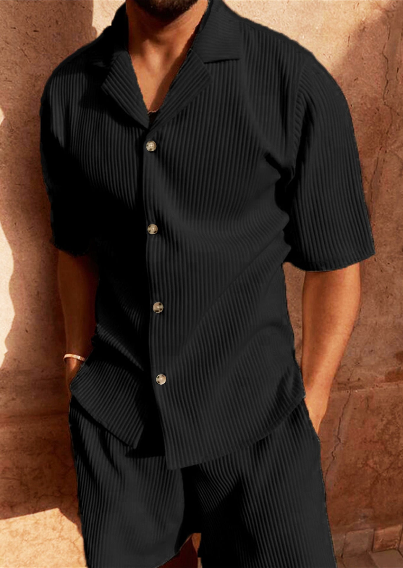Men’s Breathable Pleated Set – Shirt & Drawstring Shorts