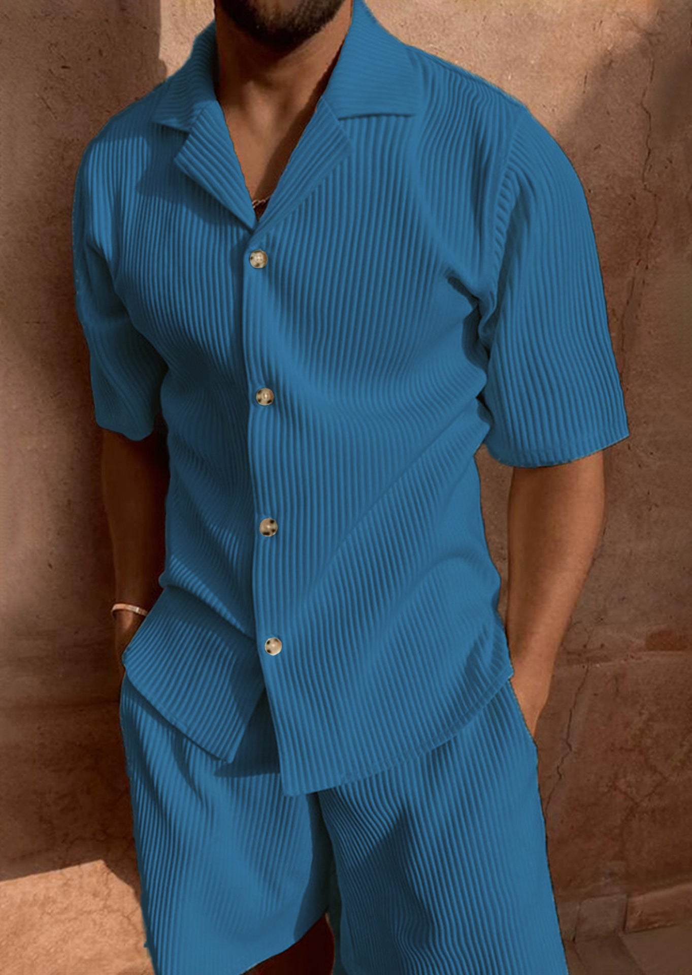 Men’s Lightweight Pleated Set – Shirt & Drawstring Shorts