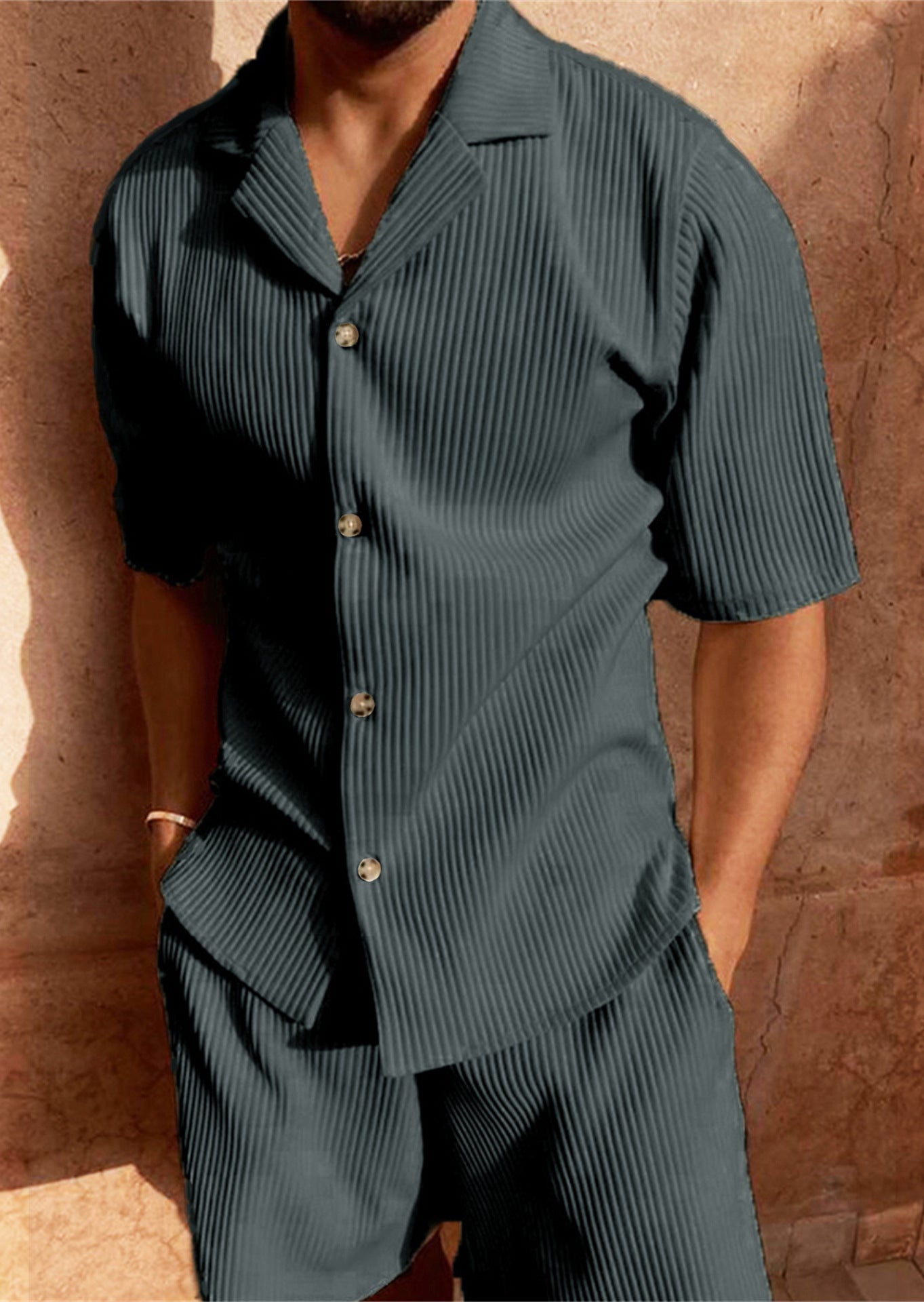 Men’s Lightweight Pleated Set – Shirt & Drawstring Shorts